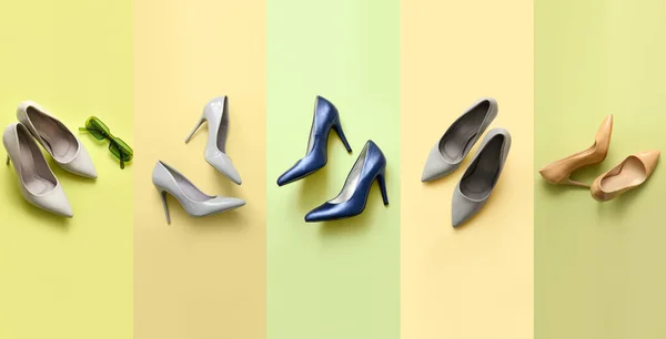 Коллаж Стильными Туфлями Высоком Каблуке Цветном Фоне — стоковое фото