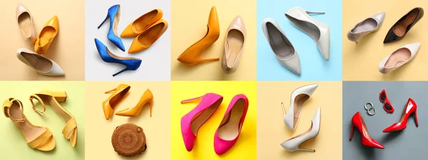 Collage with stylish high heeled shoes on color background