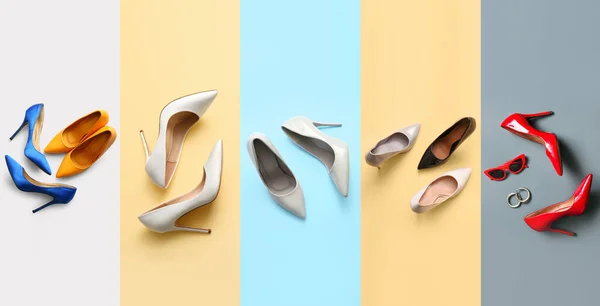 Collage Con Elegantes Zapatos Tacón Alto Accesorios Sobre Fondo Color — Foto de Stock