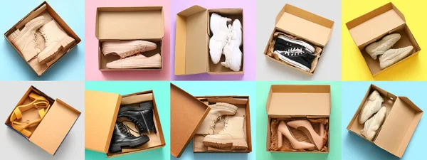 Collage Con Zapatos Elegantes Cajas Sobre Fondo Color — Foto de Stock