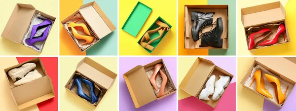 stock image Collage with stylish shoes in boxes on color background