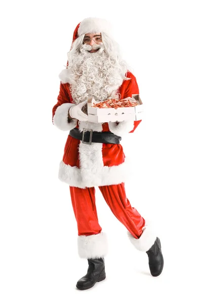 Санта Клаус Держит Коробку Вкусной Пиццей Белом Фоне — стоковое фото