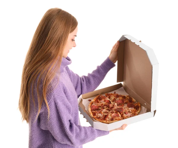 Piękna Młoda Kobieta Trzyma Pudełko Świeżą Pizzą Białym Tle — Zdjęcie stockowe