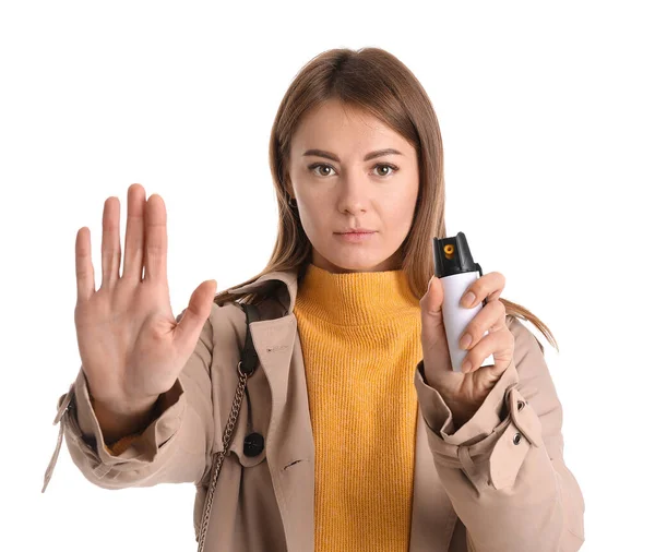 Young Woman Pepper Spray Self Defence Showing Stop Gesture White — Stock Photo, Image