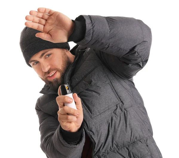 Young Man Pepper Spray Self Defence White Background — Foto Stock