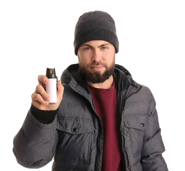 Young Man Pepper Spray Self Defence White Background — Stock Photo, Image