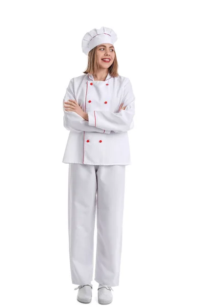 Female Baker Uniform White Background — Stok fotoğraf