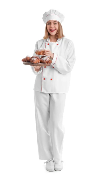 Female Baker Board Tasty Croissants White Background — ストック写真