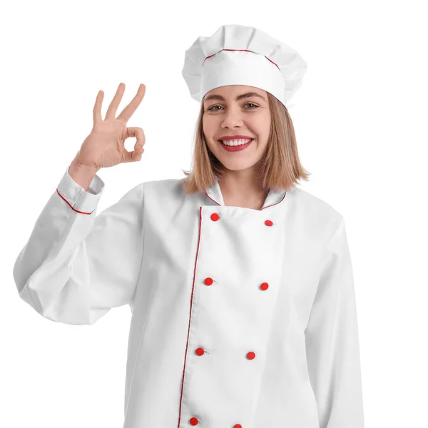 Bäckerin Uniform Zeigt Auf Weißem Hintergrund — Stockfoto