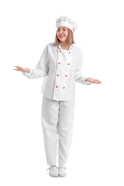 白い背景に制服を着た女性パン屋 — ストック写真