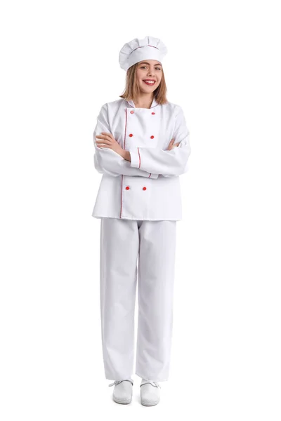 Žena Pekař Uniformě Bílém Pozadí — Stock fotografie