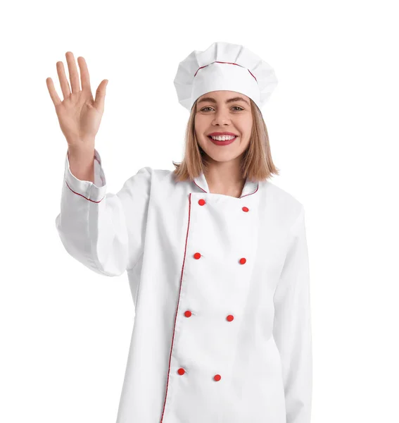 Female Baker Uniform Waving Hand White Background — Stock fotografie