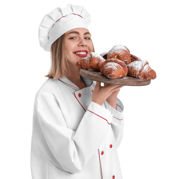 Female Baker Board Tasty Croissants White Background — Fotografia de Stock