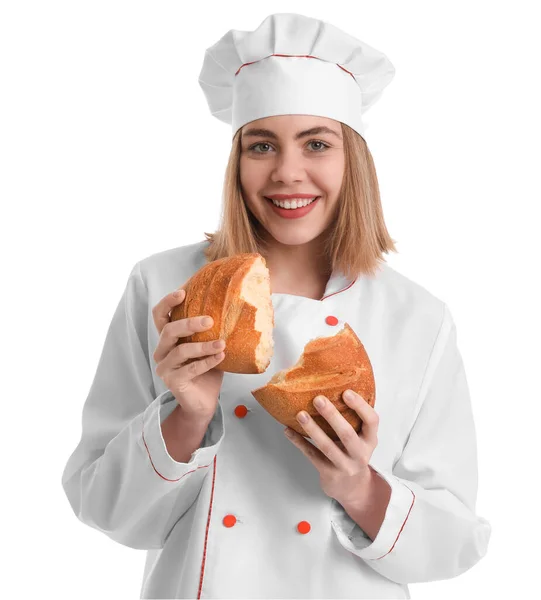 Female Baker Fresh Bread White Background — Foto Stock