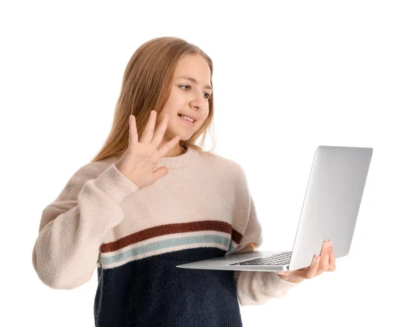 Little Girl Laptop Video Chatting White Background — Stock Photo, Image