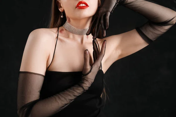 Beautiful Woman Black Dress Love Bites Her Neck Dark Background — Stock Photo, Image
