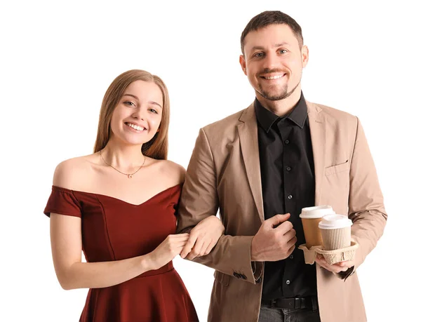Young Couple Cups Coffee Walking Hand Hand White Background — Stock Photo, Image