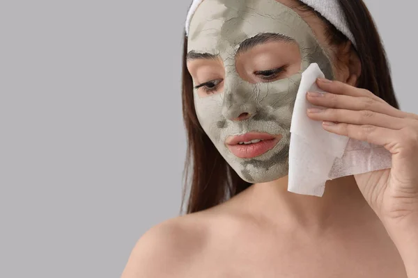 Young Woman Applied Clay Mask Tissue Grey Background Closeup — Stock Photo, Image