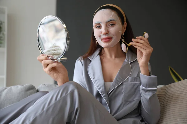 Young Woman Sheet Mask Massage Tool Mirror Home — Stock Photo, Image