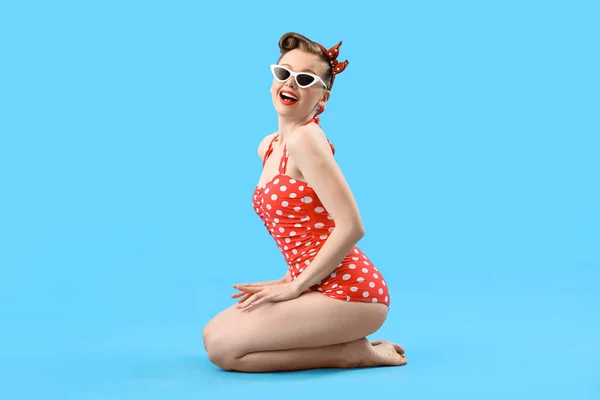Young Pin Woman Polka Dot Swimsuit Blue Background — Fotografia de Stock