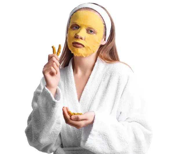 Young Woman Turmeric Mask Roots White Background —  Fotos de Stock