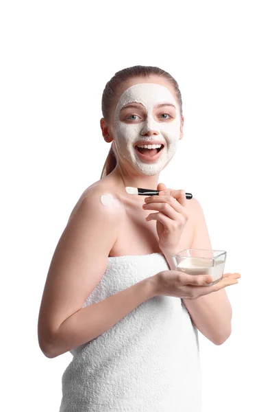 Young Woman Applying Turmeric Mask Brush White Background — ストック写真