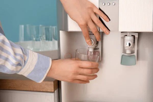Woman Pouring Water Modern Cooler Glass — Stock Photo, Image