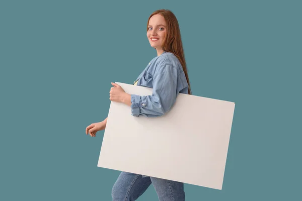 Beautiful Woman Big Blank Poster Walking Blue Background — Stock Photo, Image