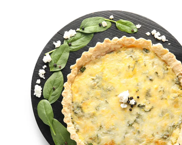 Board Delicious Quiche Spinach Leaves Cottage Cheese Isolated White Background — Stock Photo, Image