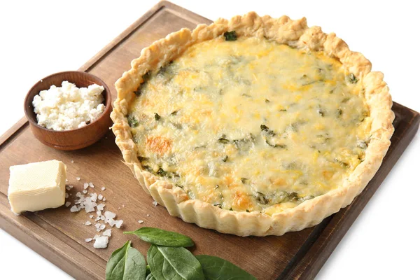 Board Delicious Quiche Cottage Cheese Feta Spinach Leaves Isolated White — Stock Photo, Image