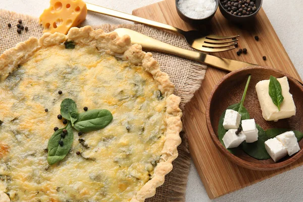 Delicious Quiche Butter Feta Cheese Spinach Leaves Grey Background — Stock Photo, Image