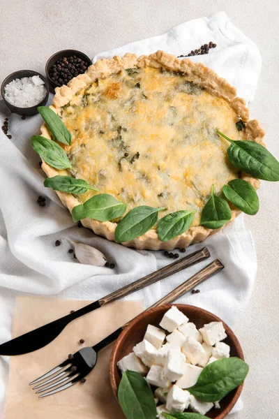 Napkin Delicious Quiche Spinach Leaves Bowl Feta Cheese Grey Background — Stock Photo, Image