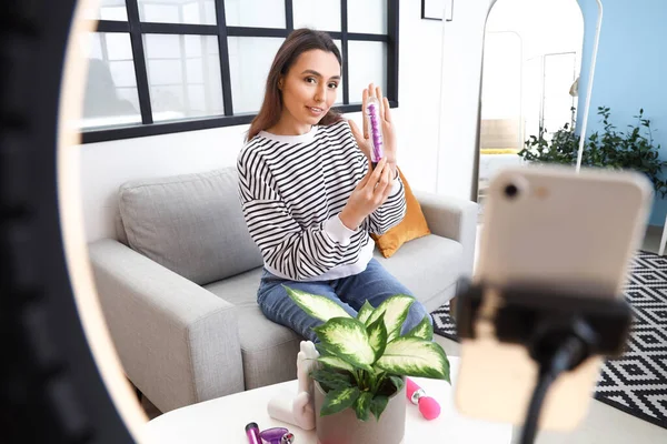 Female Sex Blogger Making Video Review Vibrator Home — Stock Photo, Image