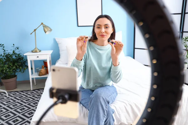 Female Sex Blogger Making Video Review Nipple Clamps Home — Stock Photo, Image