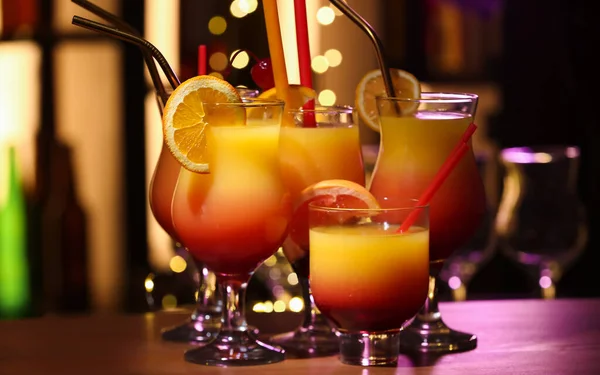 Glasses Tasty Tequila Sunrise Wooden Table Bar — Stock Photo, Image
