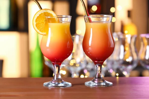 Glasses Delicious Tequila Sunrise Wooden Table Bar — Stock Photo, Image