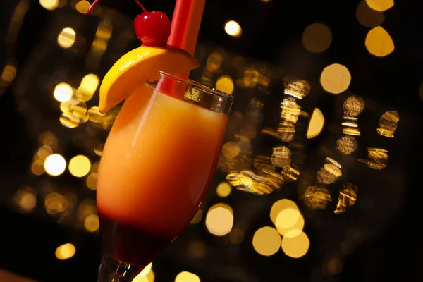 Glass Tasty Tequila Sunrise Blurred Lights Closeup — Stock Photo, Image