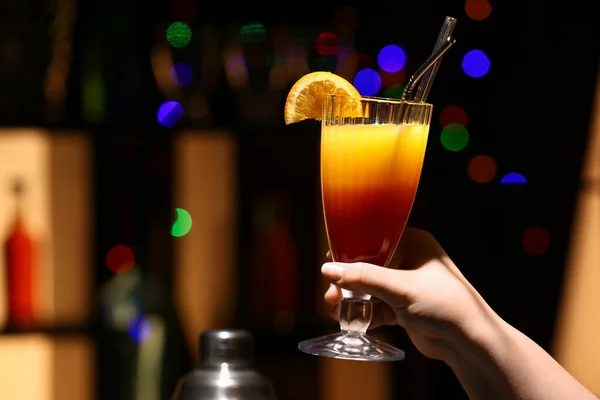 Woman Holding Glass Tasty Tequila Sunrise Bar — Stock Photo, Image