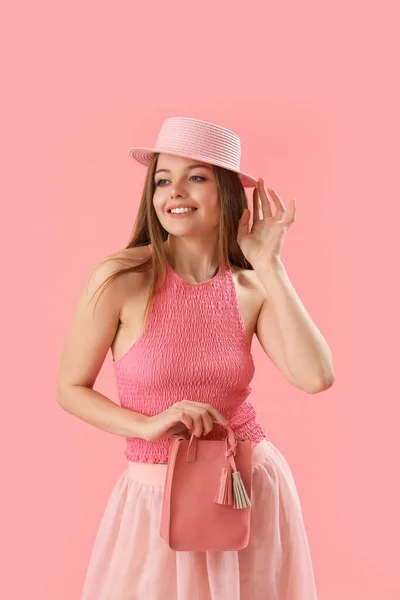 Fashionable Young Woman Hat Pink Background — Stock Photo, Image
