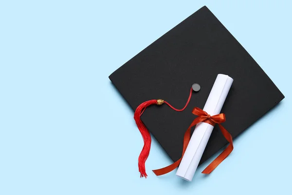 Diploma Red Ribbon Graduation Hat Blue Background — Stock Photo, Image