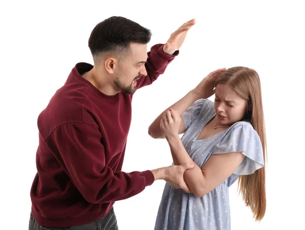 Angry Young Man Hurting His Wife White Background Domestic Violence — Stock Photo, Image