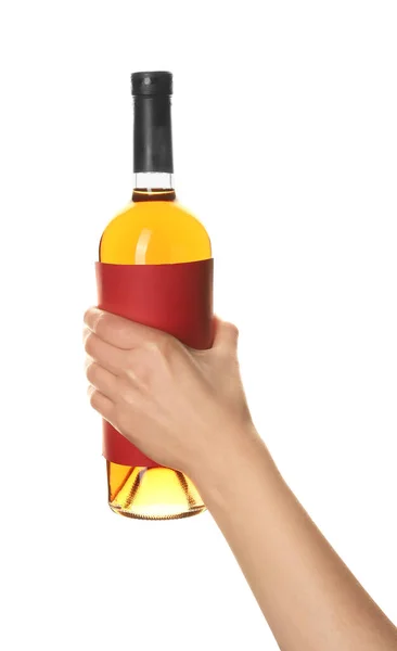 白い背景に隔離されたワインの女性の手の保持瓶 — ストック写真