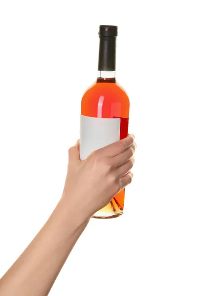 Θηλυκό Χέρι Που Κρατά Μπουκάλι Κόκκινο Κρασί Που Απομονώνονται Λευκό — Φωτογραφία Αρχείου