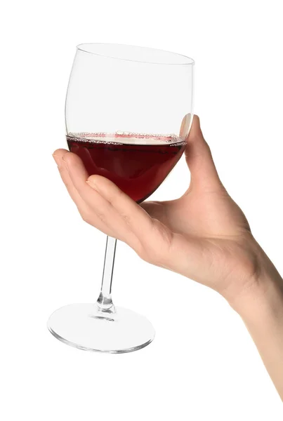 Weibliche Hand Hält Glas Rotwein Isoliert Auf Weißem Hintergrund — Stockfoto