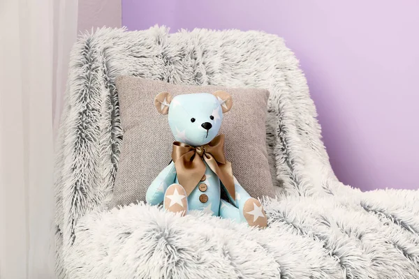Toy Bear Pillow Plaid Chair Room — Stock Photo, Image