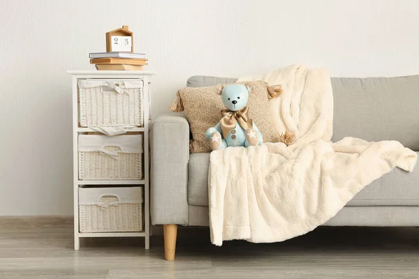 Toy Bear Pillow Plaid Sofa Living Room — Stock Photo, Image