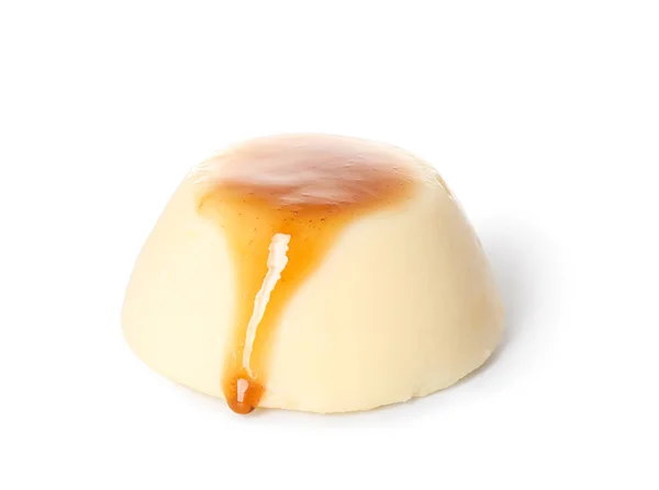 Delicious Pudding Covered Caramel Syrup Isolated White Background — Stock Photo, Image