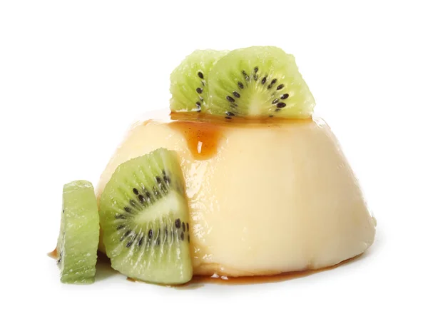 Delicious Pudding Kiwi Slices Covered Caramel Syrup Isolated White Background — Stock Photo, Image