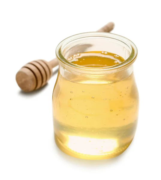 Glas Mit Süßem Honig Und Pfeffer Isoliert Auf Weißem Hintergrund — Stockfoto