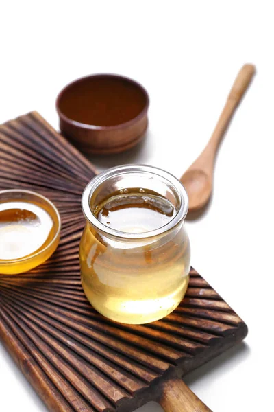 Board Jar Sweet Honey Isolated White Background — Stock Photo, Image